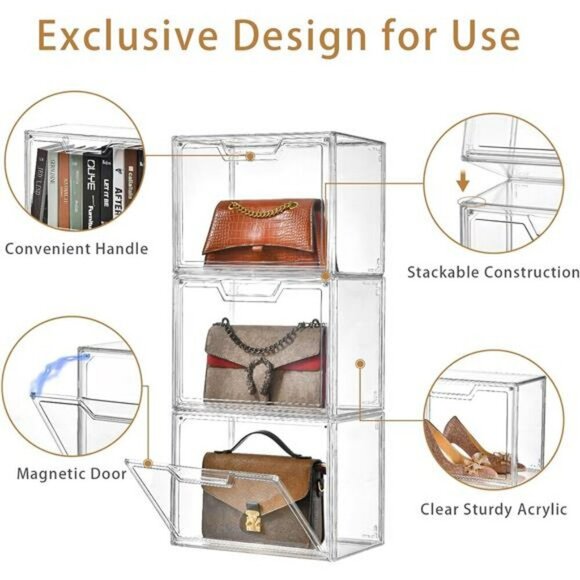 Clear Acrylic Stackable Storage Bin with Lid Handbag Display Case Organizer - Picture 6 of 7